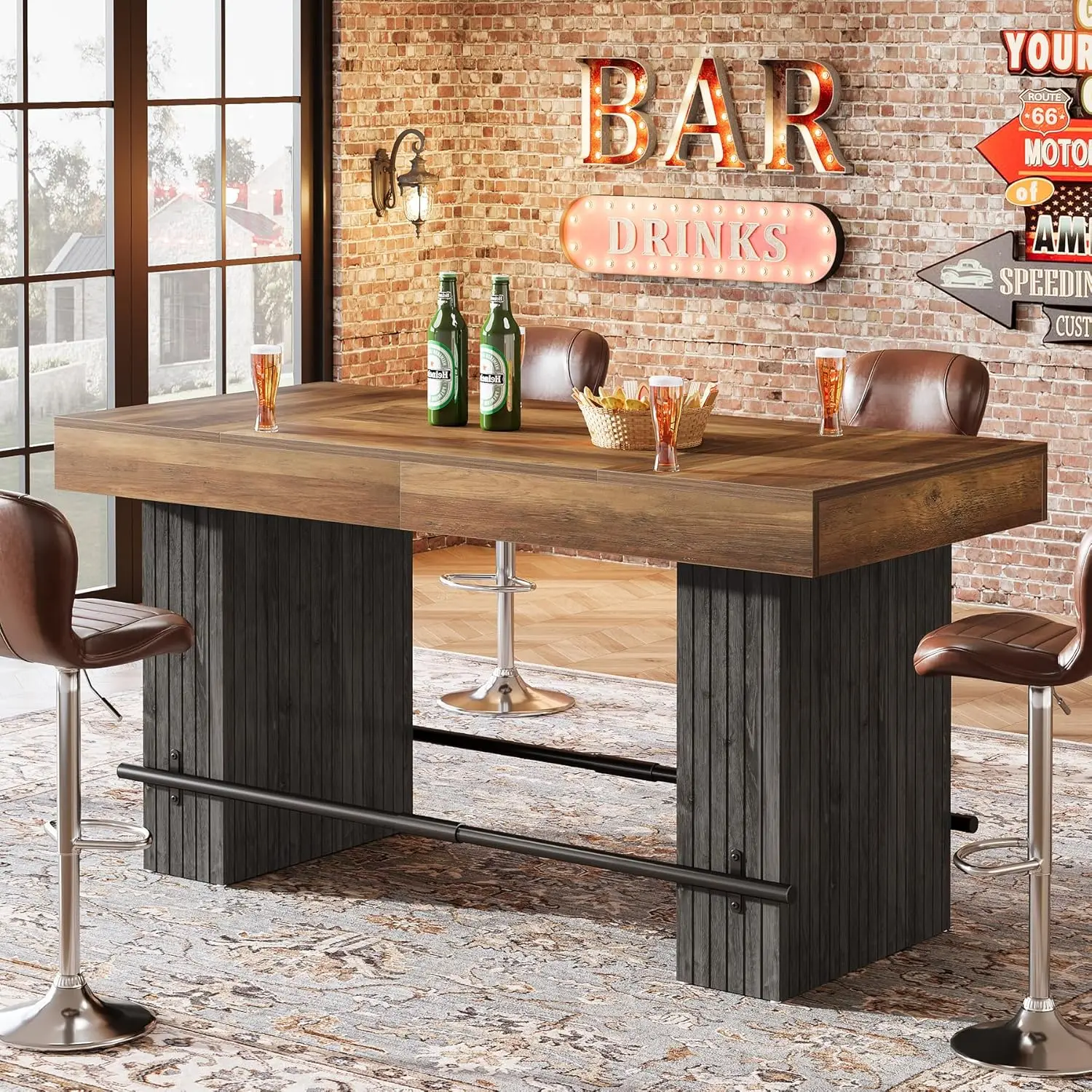 62.2 Inch Bar Table, Industrial Counter Height Pub Dining Table, Rectangular Home Bar Units with Metal Footrest for Home Kitchen