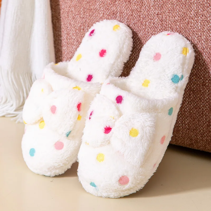 Women\'s Warm Home Slippers Cute Autumn Winter Bow Warmth Thick Plush Non-Slip Leisure Shoes Soft Bedroom Floor Flat Slides