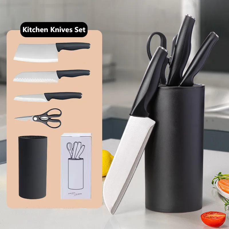 Kitchen Knives Set With Holder Scissorse Peeler Chef Knife Cleaver Meat Fruit Steak Knife Plastic Handle Forged Kitchen Knife