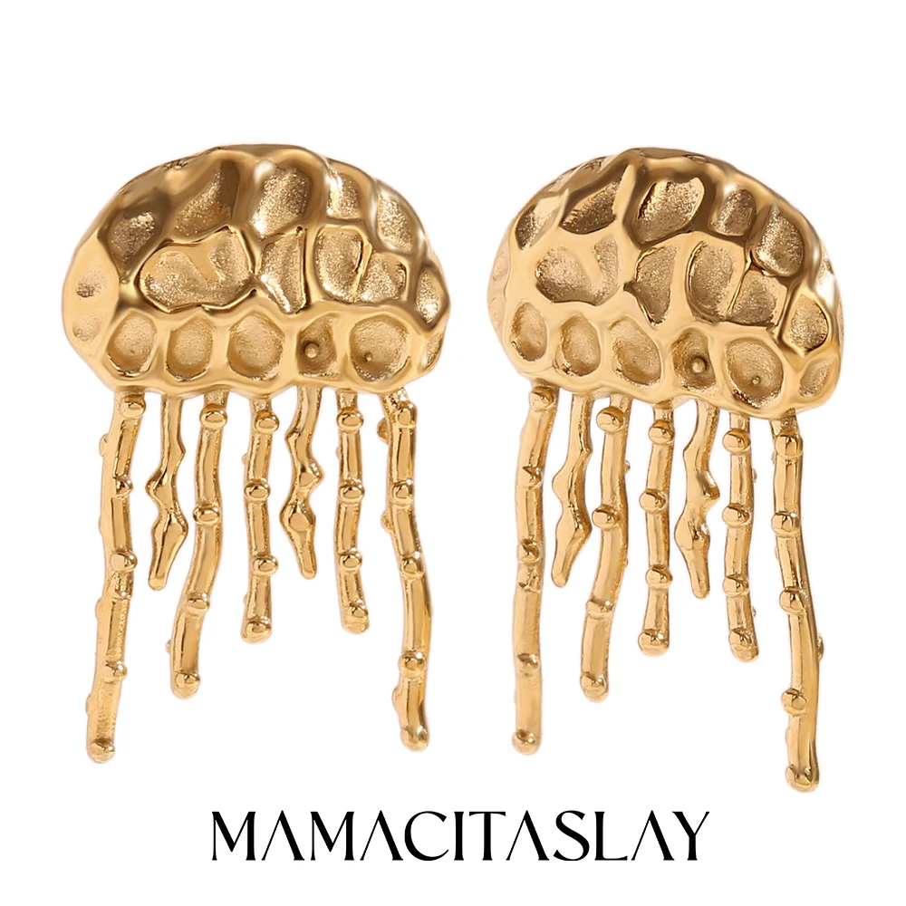 

MamacitaSlay New Design Jellyfish Hammered Texture Bamboo Tentacles Earrings Waterproof stainless steel women's jewelry Gifts