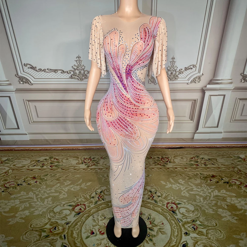 Customized New Sexy Lace Transparent Diamond Pearl Sequins Feather Water Diamond Wrap Hip Dress Long Dress Performance Dress