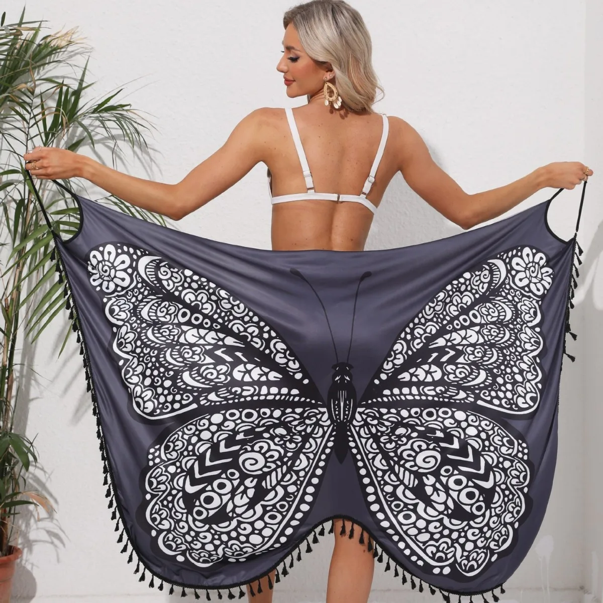 

BLACK SWEET Holiday Butterfly Print Cover Up Swimsuit Women Dress Tunic Bathing Suit Women Lace-up Backless Beach Dress