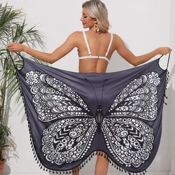 BLACK SWEET Holiday Butterfly Print Cover Up Swimsuit Women Dress Tunic Bathing Suit Women Lace-up Backless Beach Dress