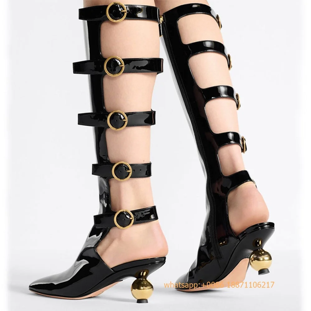 Botas romanas huecas de tacón extraño para mujer, botines de charol con hebilla de cinturón y punta cuadrada, Sexy, pasarela, color negro, moda de escenario, novedad de 2024