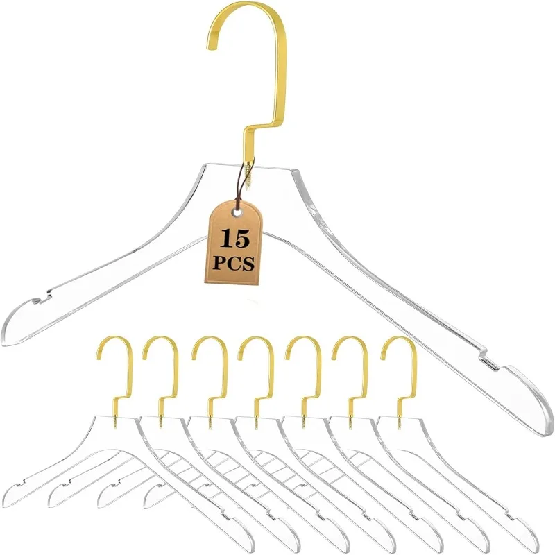 

Acrylic Clear Hangers - 15 Pack Premium Quality Crystal Clear Hangers with Gold Hooks for Luxury Dress Suits