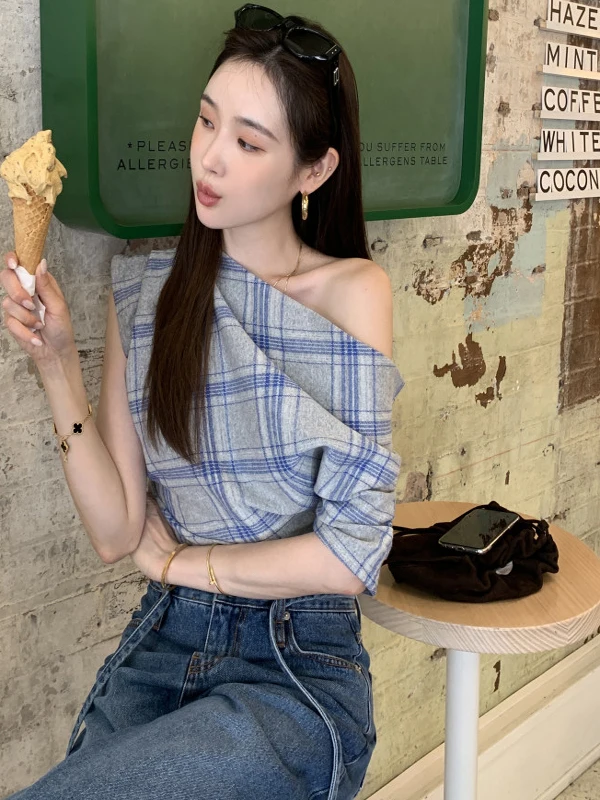 Retro Plaid da donna irt Casual Versatile Asimmetrico oulder Design Estate Puro Desiderio Sle Versione coreana Slim Fit irt