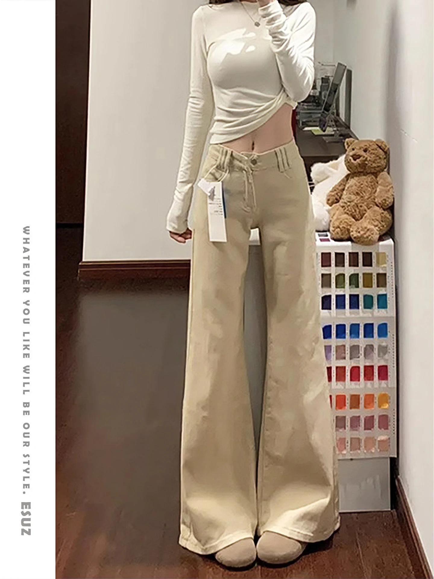 

Джинсы цвета хаки с низкой талией, расклешенные, женские, свободного кроя, прямые, из денима, осенне-зимние, новый стиль, универсальные, повседневные