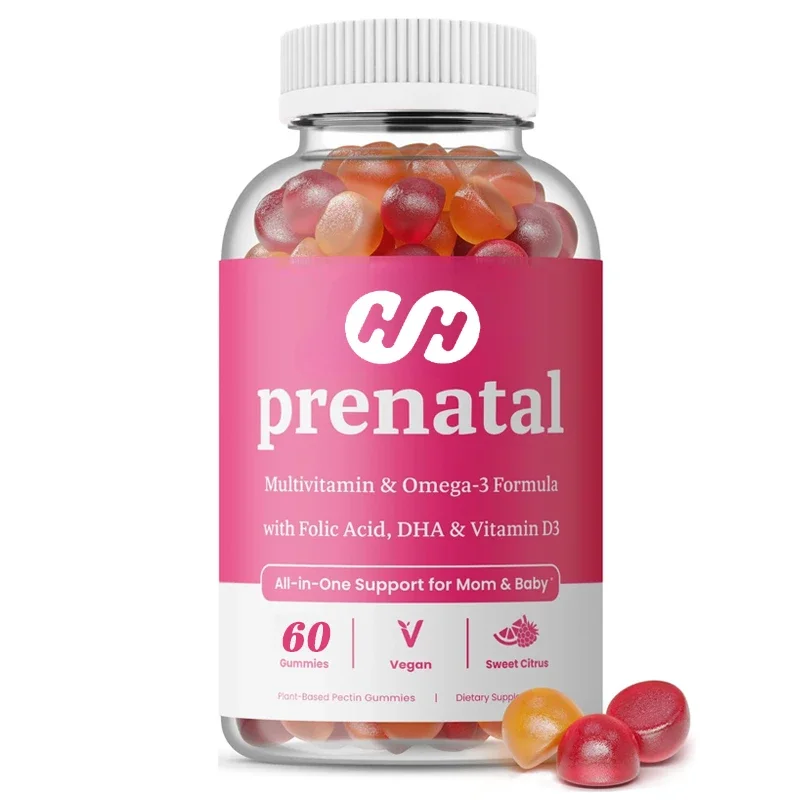 Prenatal Vitamin Gummies Containing DHA and Folic Acid Contain Omega 3 and D3, Promoting Fetal Development with 60 Capsules