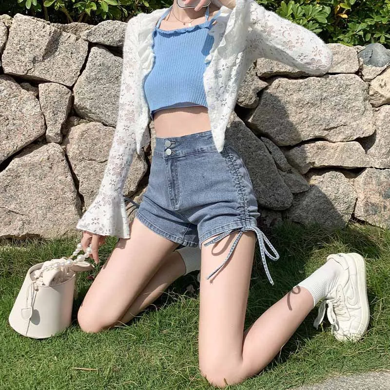

2025 High Waist Drawstring Denim Shorts Women's Summer Cross-Border Cargo Pants High Waist Fashion Button Decorated Short Pants