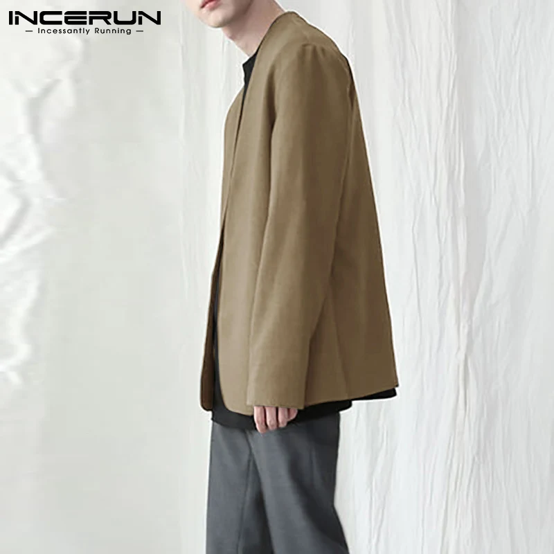 INCERUN 2024 Men Shirt Solid Color V Neck Open Stitch Long Sleeve Casual Men Clothing Streetwear Fashion Leisure Outerwear S-5XL