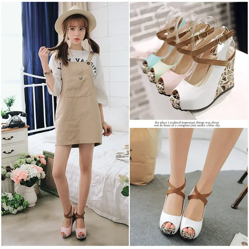 Big Size Sweet Woman Platform Wedge Sandals Pink High Thick Heels Casual Party Summer Cross Ankle Strap Peep Toe Slingback Shoes