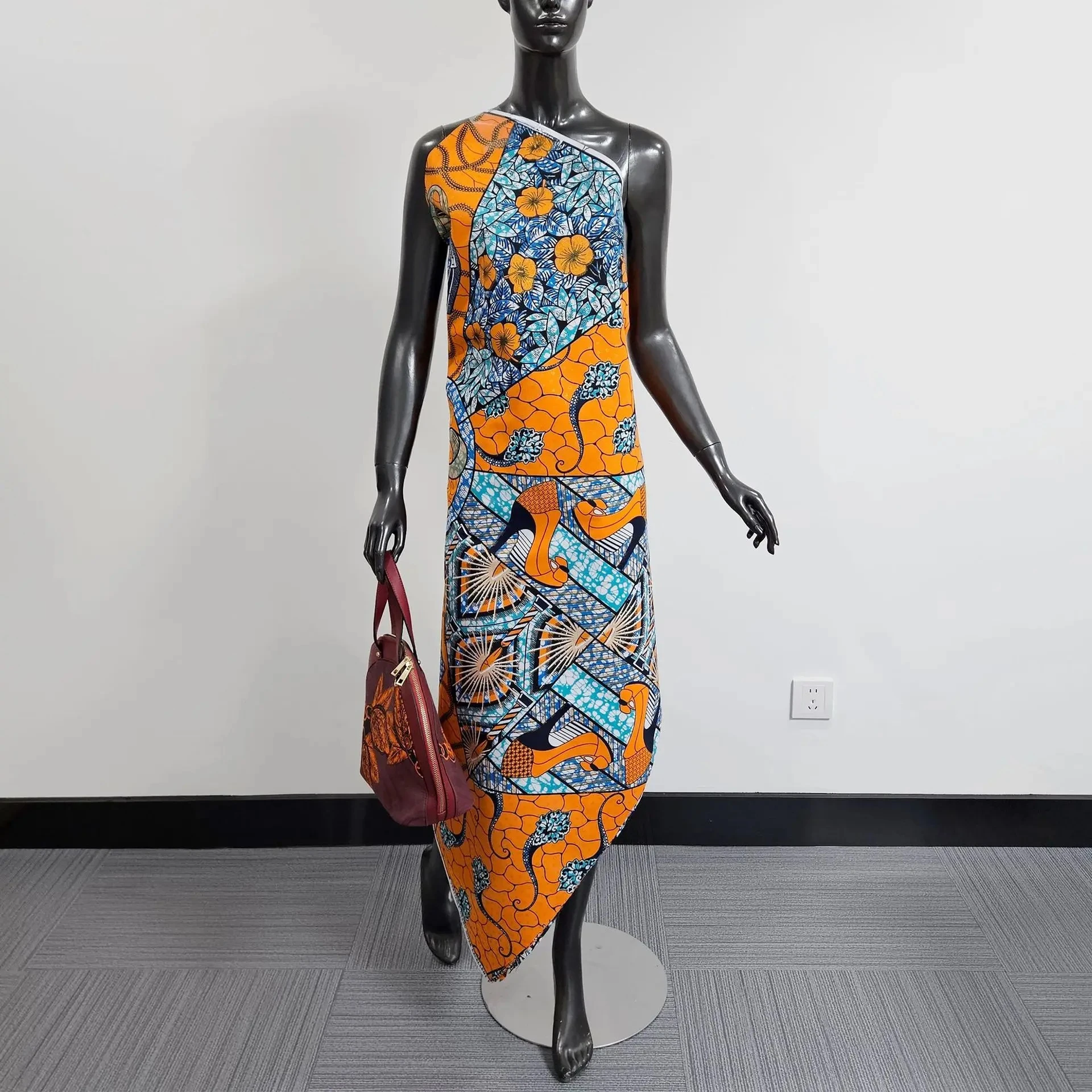 

Polyester African Wax Fabric Blue Orange Clothing Summer Dress Cushions Cover DIY Sewing Material 6Yards Long R3091