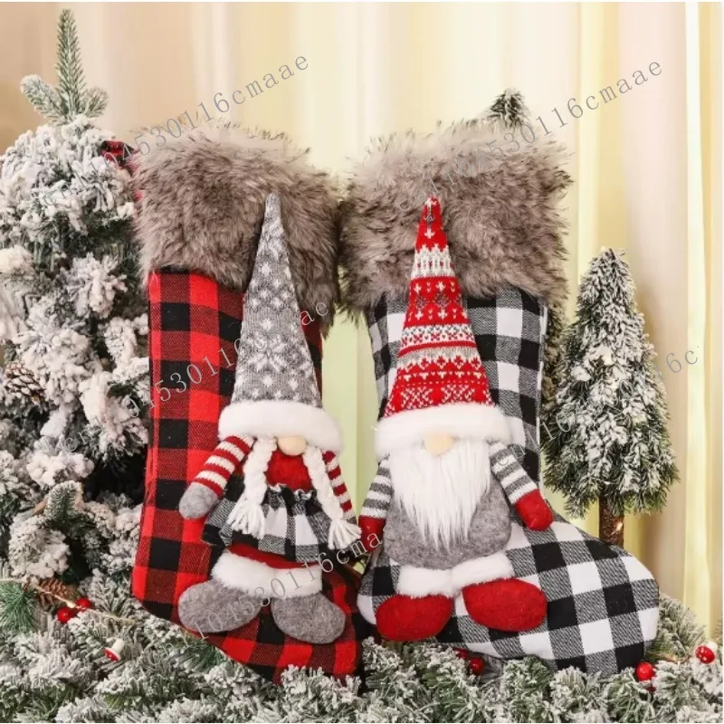 10-piece set New Christmas 3D 48 * 28cm Couple Gnome Doll Checked Christmas Stockings Ornament Hand-woven Soft Holiday Ornament