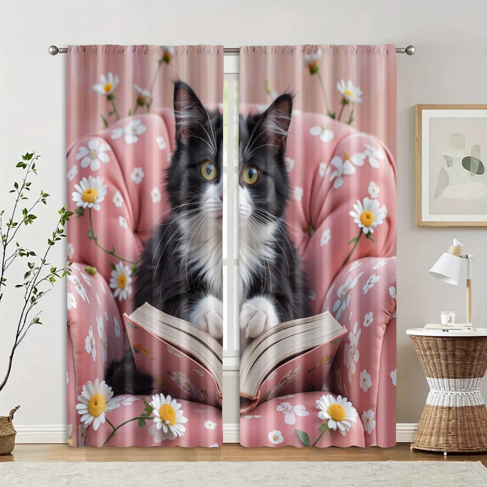 2pcs, Curtains Digital Printed Retro cat reading books 100% Polyester (without rod) Home Decor Ldeal for Kitchen Living Room