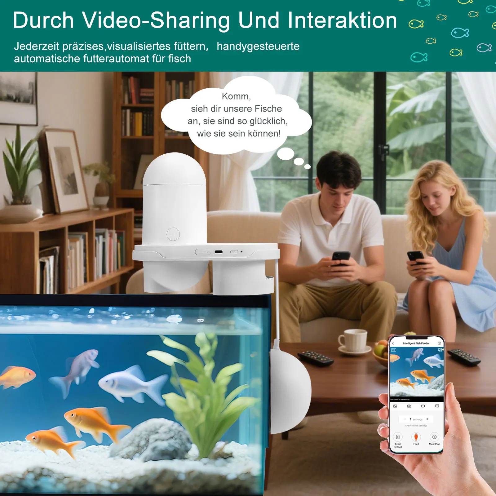 وحدة تغذية الأسماك الأوتوماتيكية الذكية مع كاميرا 2.5K، والتحكم في التطبيقات، وحدة تغذية العطلات، ونظام تغذية دقيق، وشاشة مرئية لحوض السمك