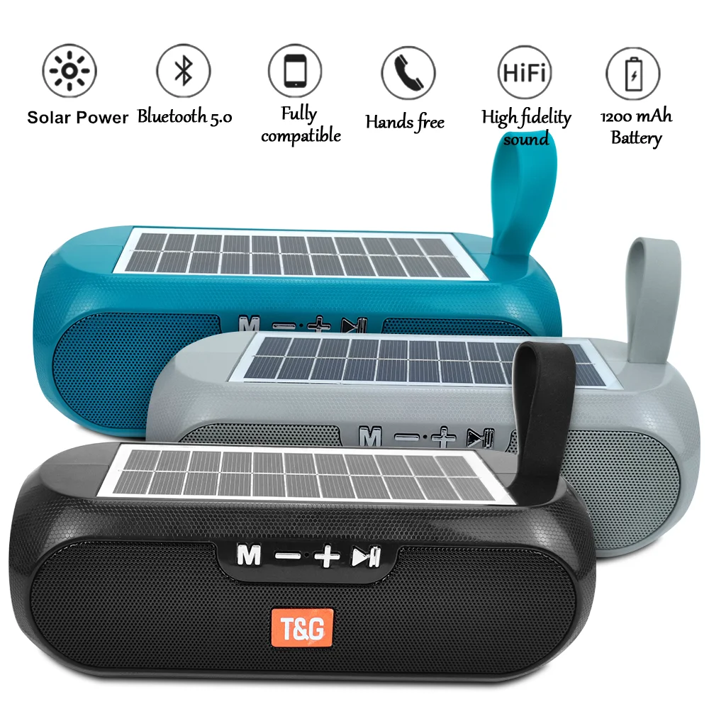 TG182 Portable Solar Power Bluetooth Speakers Column Waterproof Wireless Stereo Music Speaker 1200mAh AUX FM Radio Boombox