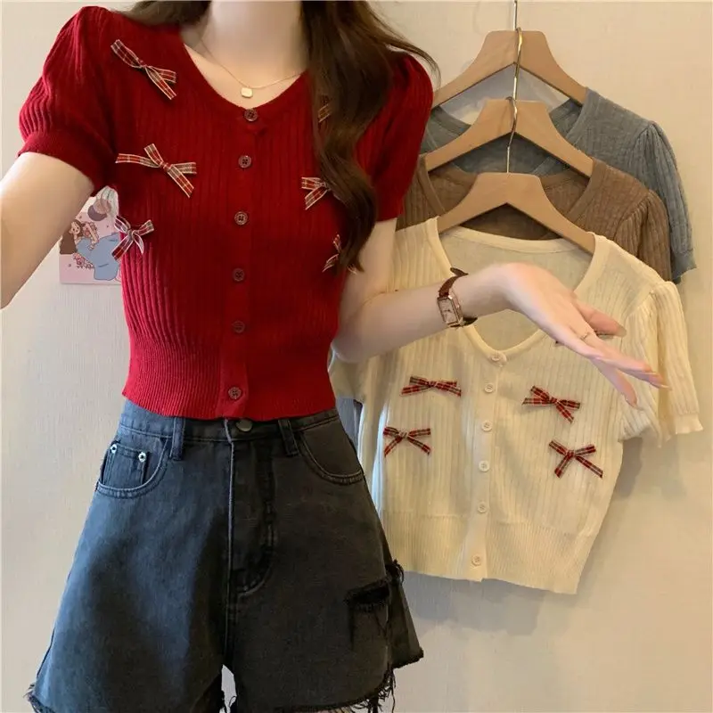 

Blouse Cardigan Women Summer Bow Knit Slim-fit Flattering Sweet Cropped Puff Sleeves New Comfortable Minimalist Niche Versatile