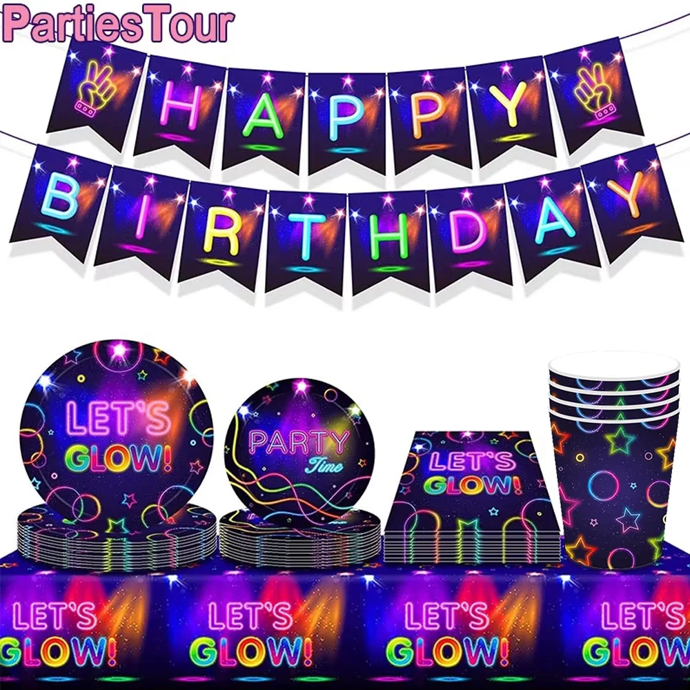 Neon Party Tableware Tablecloths Cups Plates Banner Napkins straws Balloons Neon Glow Birthday Party Decoration Supplies