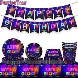 Neon Party Tableware Tablecloths Cups Plates Banner Napkins straws Balloons Neon Glow Birthday Party Decoration Supplies