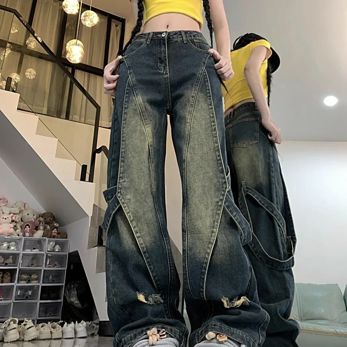 2024 nuevos pantalones vaqueros para hombres de alta resistencia desgastados lavado amarillo barro diseño de retales sensibilidad High Street pierna recta Bell Bottoms