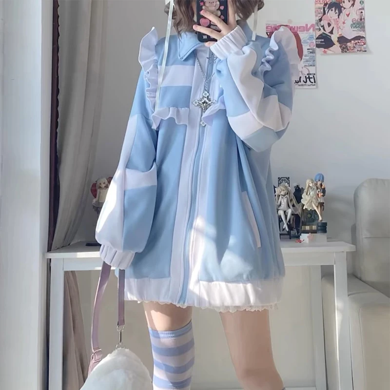 Dameskleding Y2K Zoete steek Subcultuur Patchwork Hoodies Dames Herfst Winter Ruches Hoodie met Fleece Losse Rits shirt