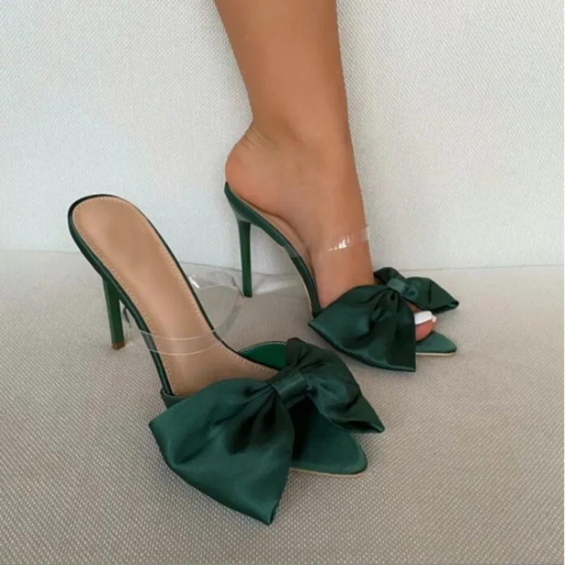 Summer Silk Butterfly-Knot Mule High Heels Women's sandal Pumps 2024 Sexy Pointed Toe Slingbacks Ladies Party Shoe 35-42