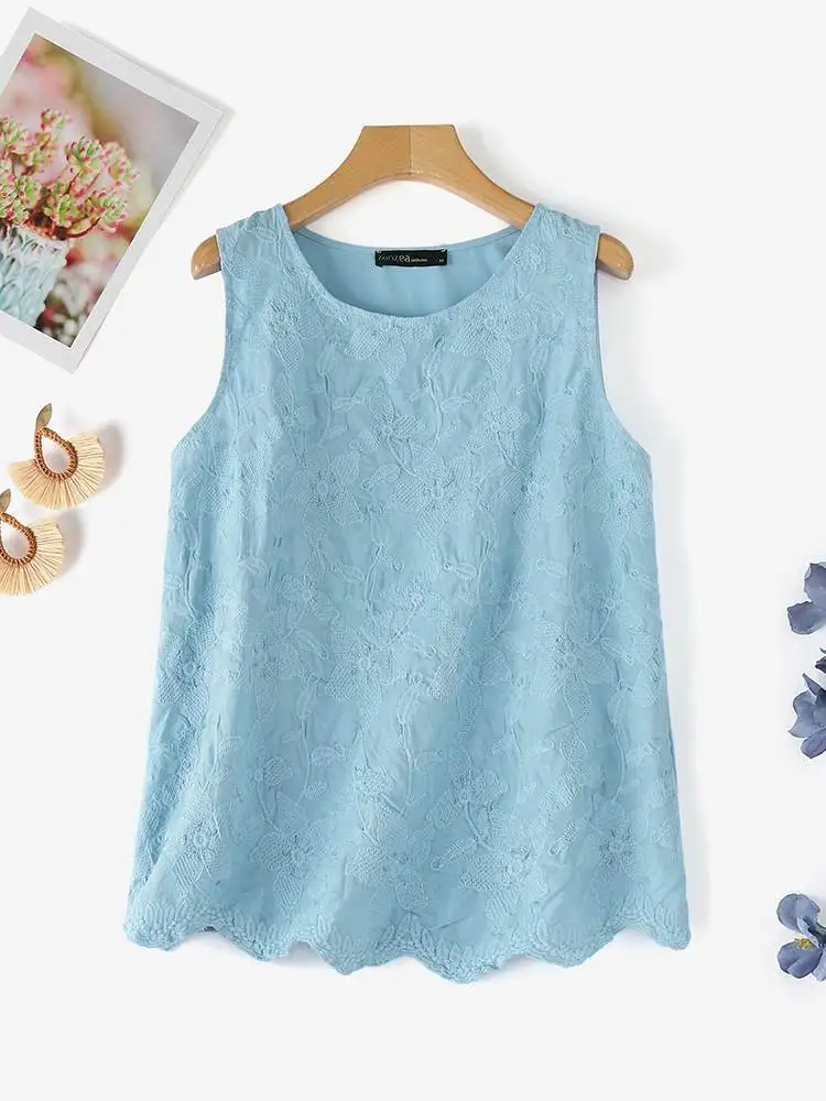 ZANZEA Floral Embroidery O Neck Tank Tops Casual Lace Patchwork Summer 2024 Elegant Camis Women Solid Color Sleeveless T-shirts