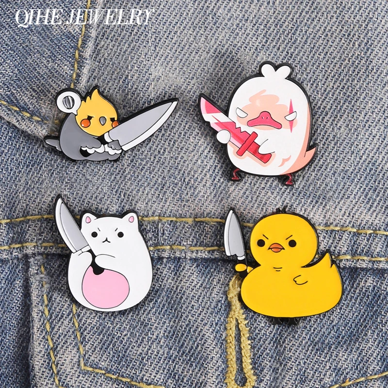 Cute Bear Duck Chicken Holding A Knife Enamel Pins Cartoon Humorous Animal Metal Brooch Bag Lapel Badge Jewelry Gift for Friends