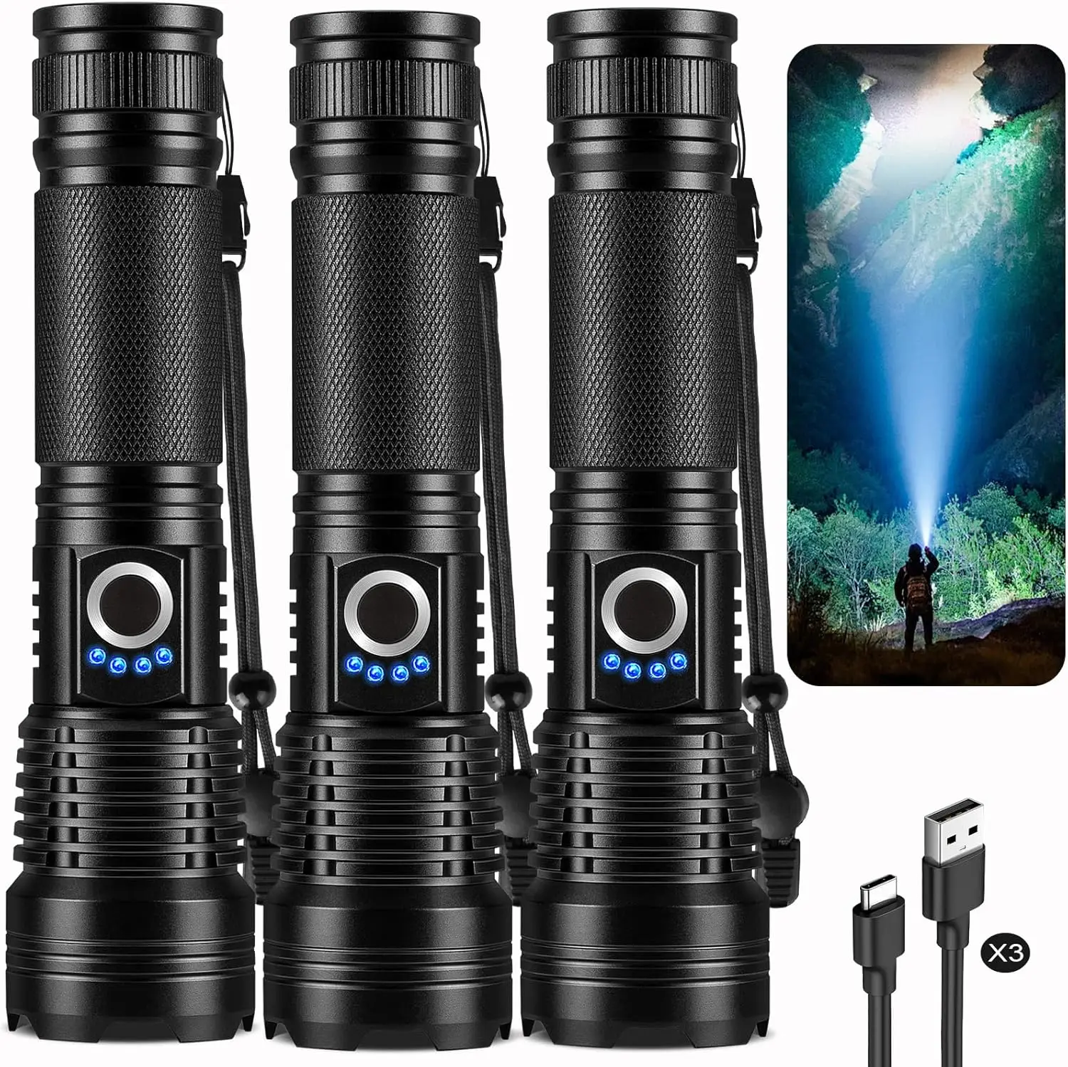 

Комплект из 3 перезаряжаемых светодиодных фонарей высокого люмена, 99,000 лм, 5 режимов, регулируемая яркость для домашнего использования на открытом воздухе, кемпинга