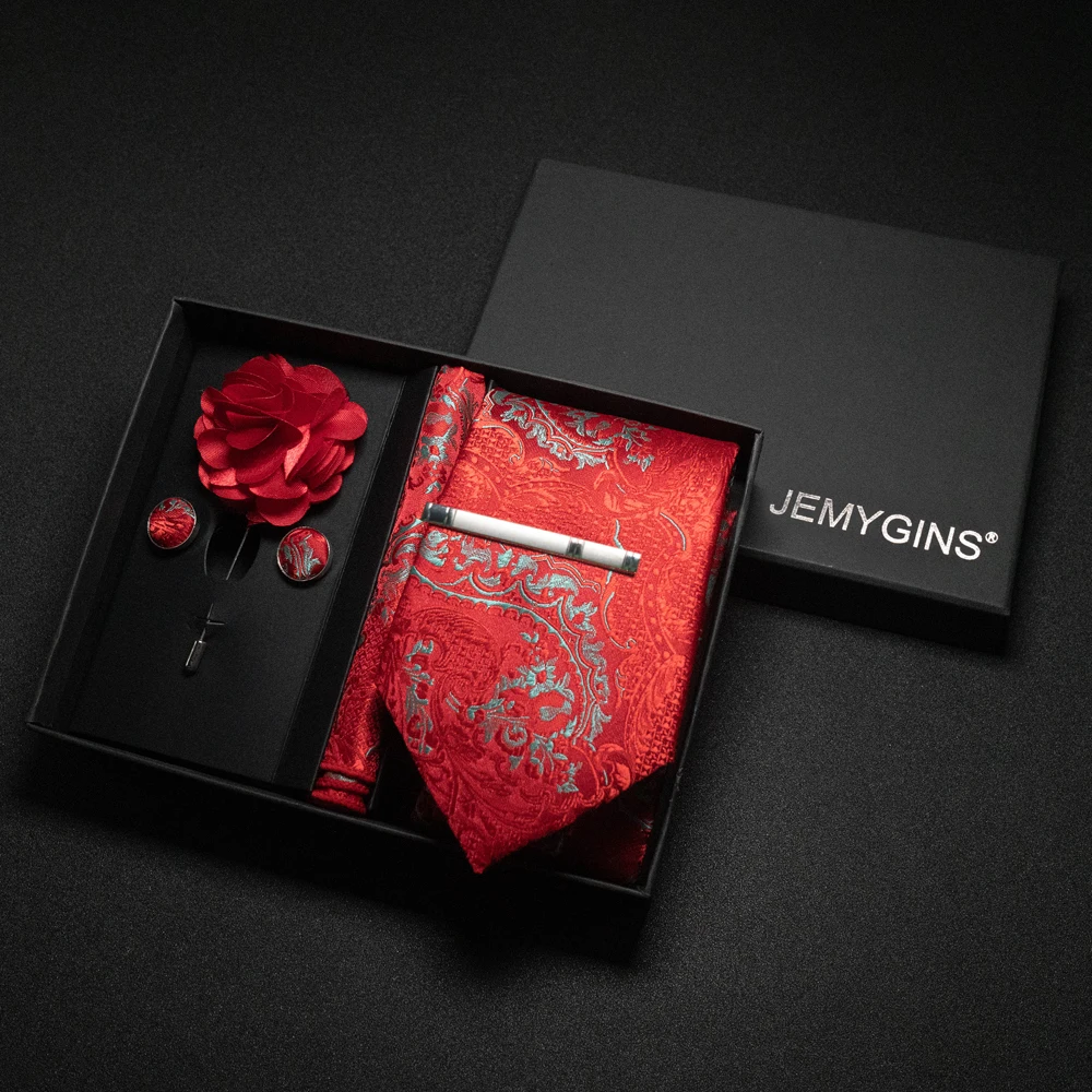 Weinrote Herrenkrawatte, Paisley-Seidenkrawatte, Einstecktuch, Manschettenknöpfe, luxuriöses Geschenkbox-Set, Hochzeitskrawatte, Accessoires, Krawatte für Herren – Detail 20