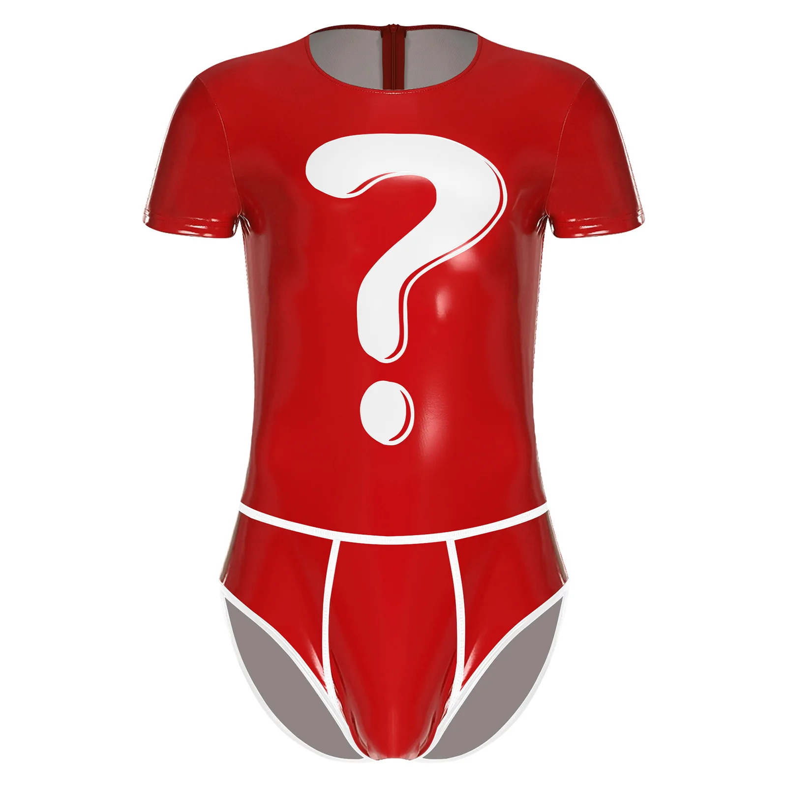 

Men Glossy Wet Look Swim Sport Bodysuit Front Question Mark Bodycon High Cut Jumpsuit for Sport Workout Swimsuit Bathing Suit