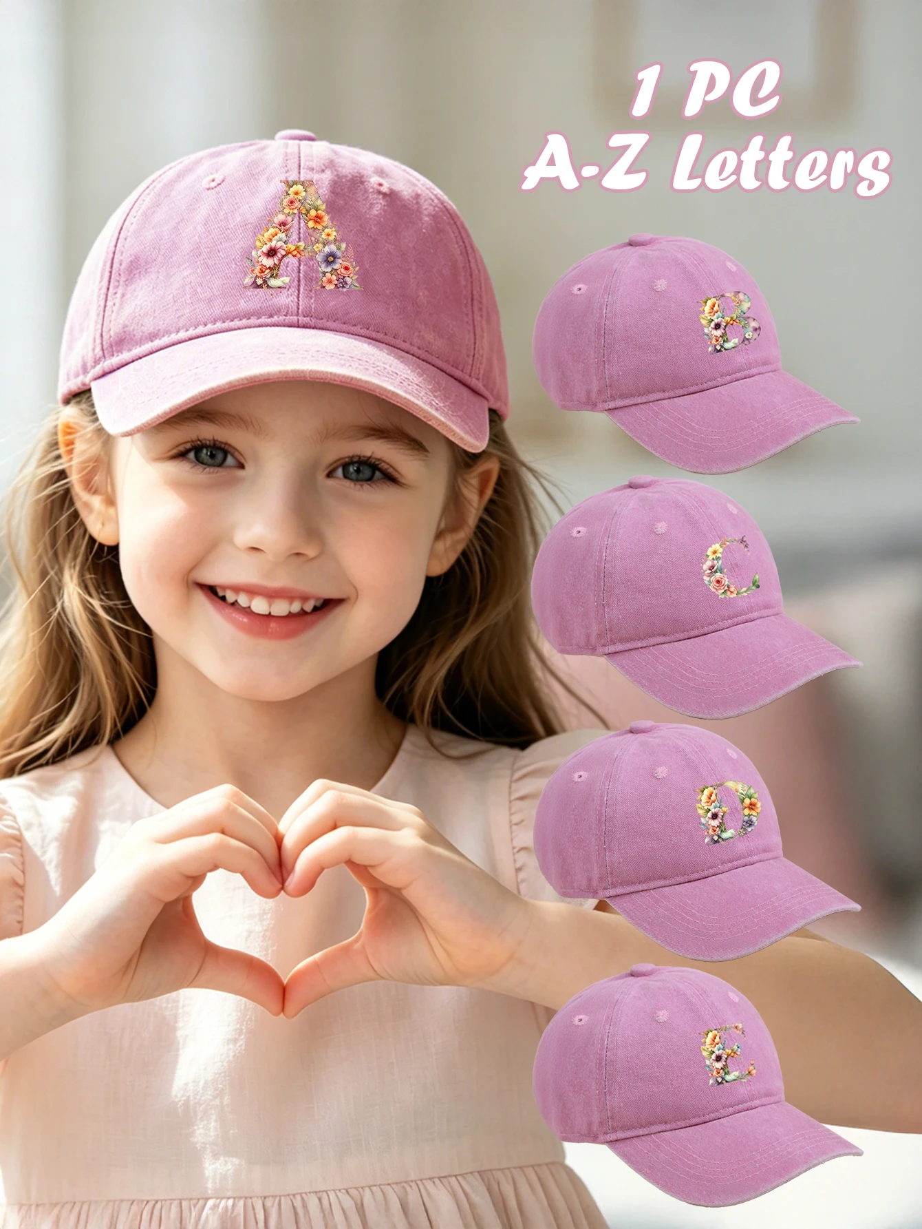 

1pc girls' Pink Baseball Cap - Colorful Floral And A-Z letter, Fresh, Trendy, Lightweight,3-8 years baby old Breathable And Sun-