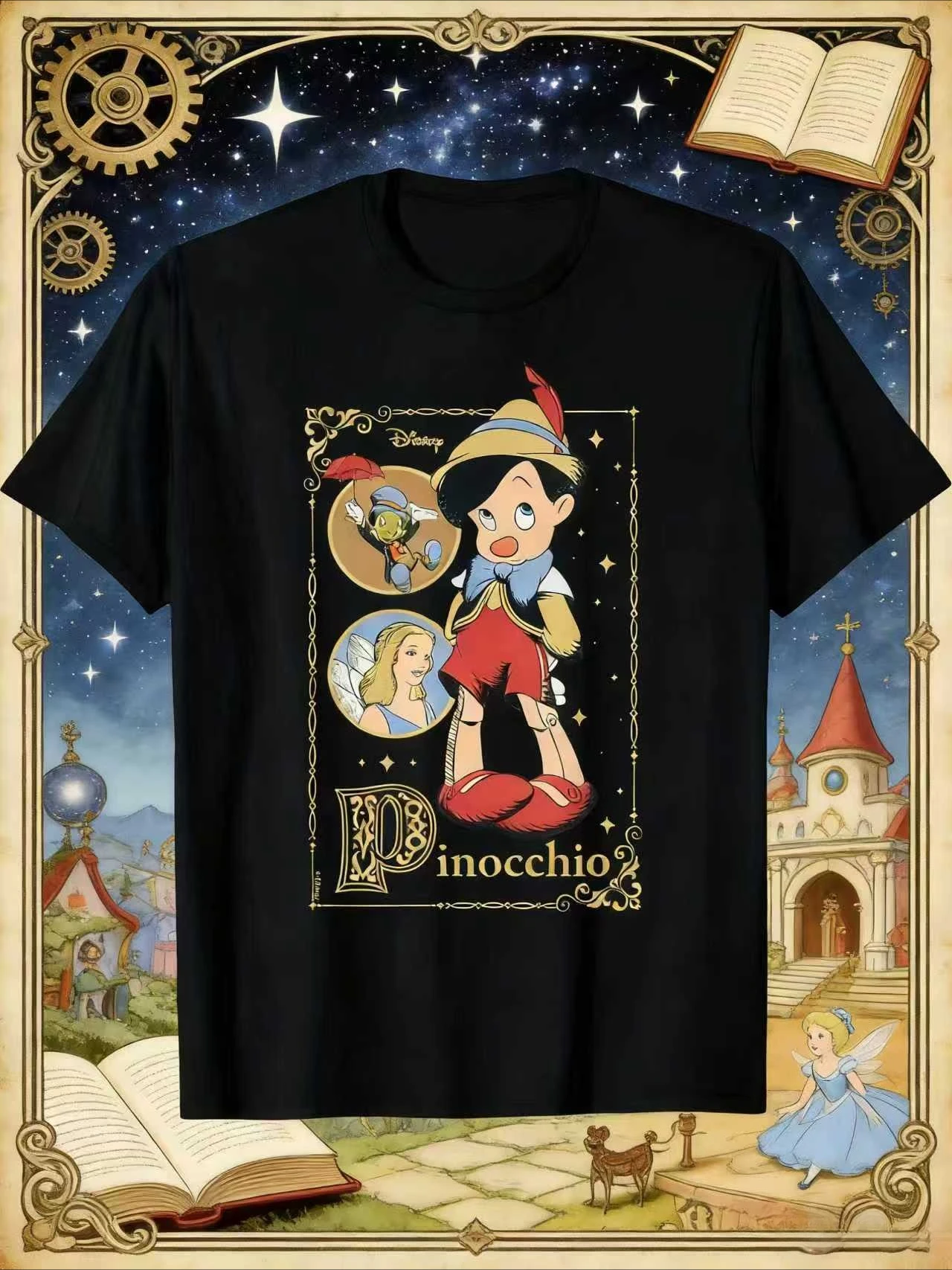 

2026 Summer Disney Pinocchio Print T-shirt for Both Men and Women 100% Pure Cotton Short-sleeved Casual Loose and Breathable Top