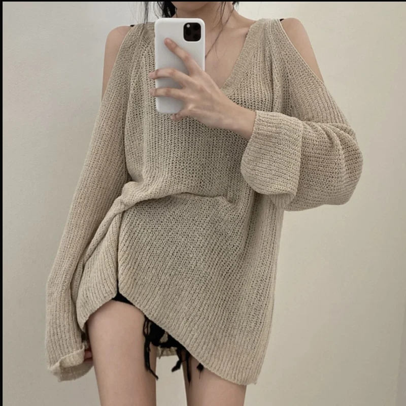 Spring Summer New Knitting Pullovers Women V-neck Fashion Long Sleeve Solid Color Tops Off Shoulder Hollow Out Female Clothing