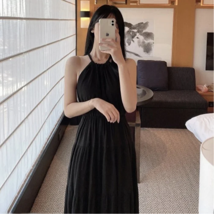 Elegant Neckline Shoulder Bared Waist Cinching Long Holiday Style Fairy Dress Women's Fashion Korean Style Spring Autumn Winter