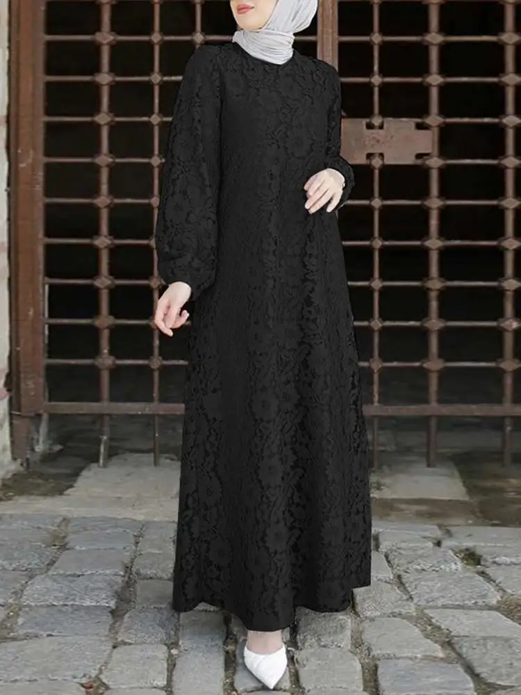 Elegant Long Sleeve Dubai Turkey Abaya Hijab Sundress ZANZEA Fashion Women Lace Crochet Muslim Dress Summer Robe Femme Caftan