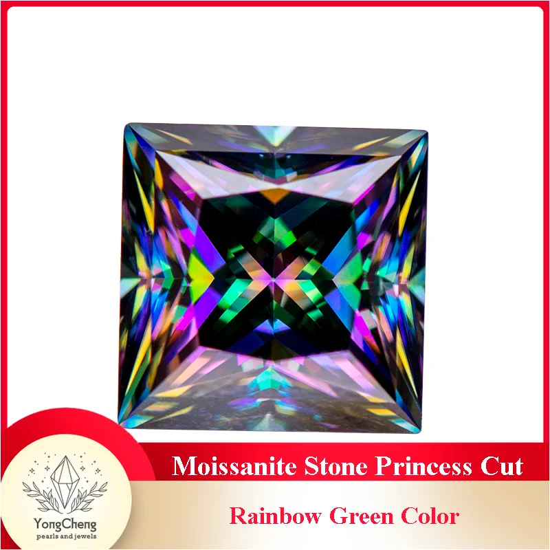 

Moissanite Stone Princess Cut Rainbow Green Color Lab Grown Diamond for Charms DIY Jewelry Making Materials with GRA Certificate