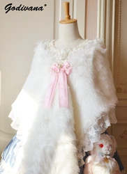 New Winter Lace Stitching Faux Fur Shawl with Chain Bow Corsage Girl Women's Sweet Plush Cape Christmas Warm Poncho Cape Kawaii