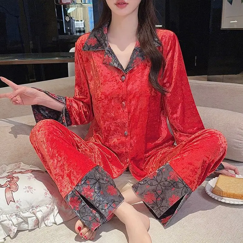 women Wedding Bride Cardigan Pajamas Two-piece Set Golden Velvet Chinese Style Autumn and Winter Loungewear Can Be Worn Outside