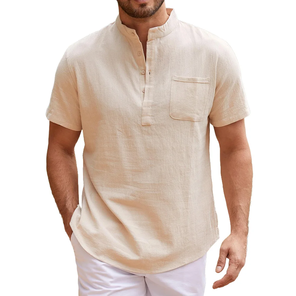 Sommer Herren Henley T-Shirt Baumwolle Leinen Atmungsaktiv Leicht Einfarbig Casual Tees Einfacher Stil Männlich Basic Button Top