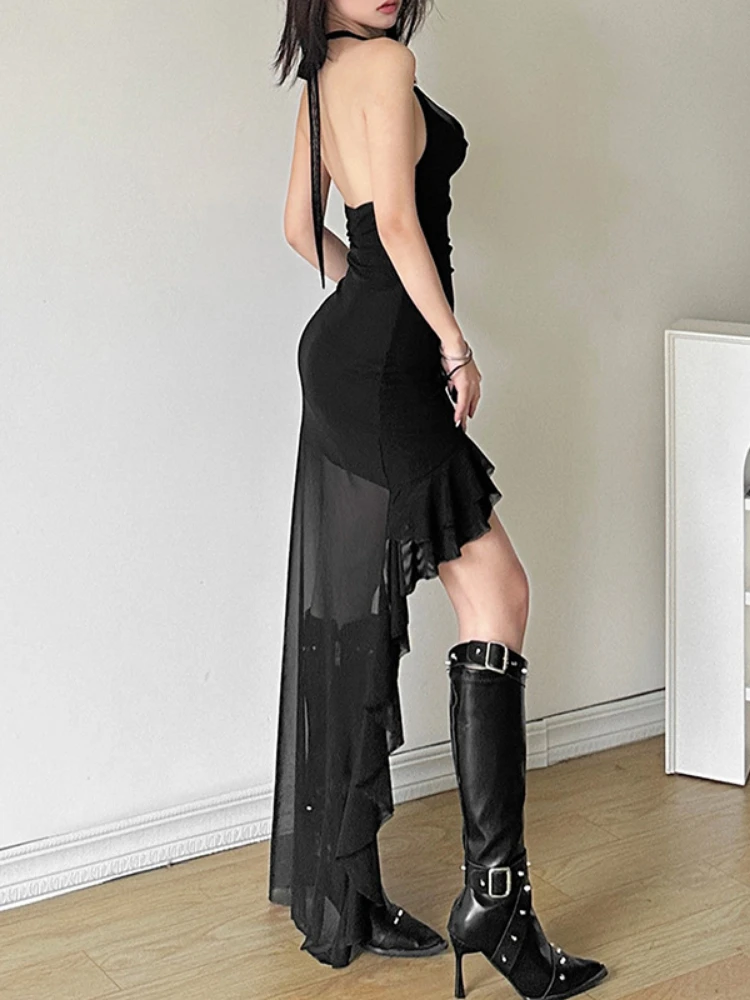 여름 홀터넥 거즈 Y2k 미적 드레스 streetwear 여성 불규칙한 프릴 그런지 드레스 하라주쿠 3d 꽃 bodycon vestidos