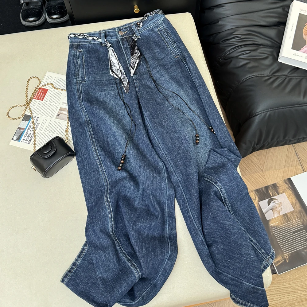 

Ретро джинсы с высокой талией и поясом, темно-синие, из выстиранного денима, женские, весна-лето, новый стиль, прямые широкие брюки