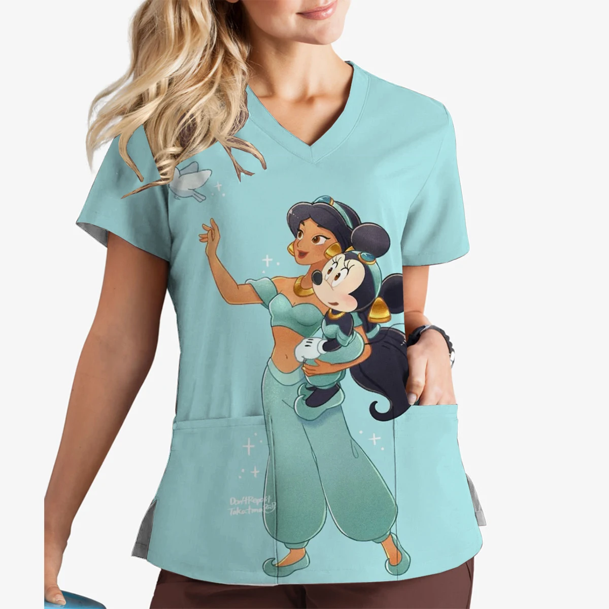 2024 New Princess Jasmine Print V-Neck Print Scrub Top Short Sleeve Top Hospital Nurse Caregiver Pet Shop Work Uniform