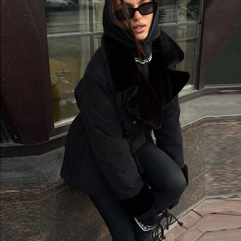 Casual Thicken Fur Patchwork Coats Women Full Sleeve Lapel Double Breasted Closed Waist Jackets Female 2026 Winter Lady Outwears