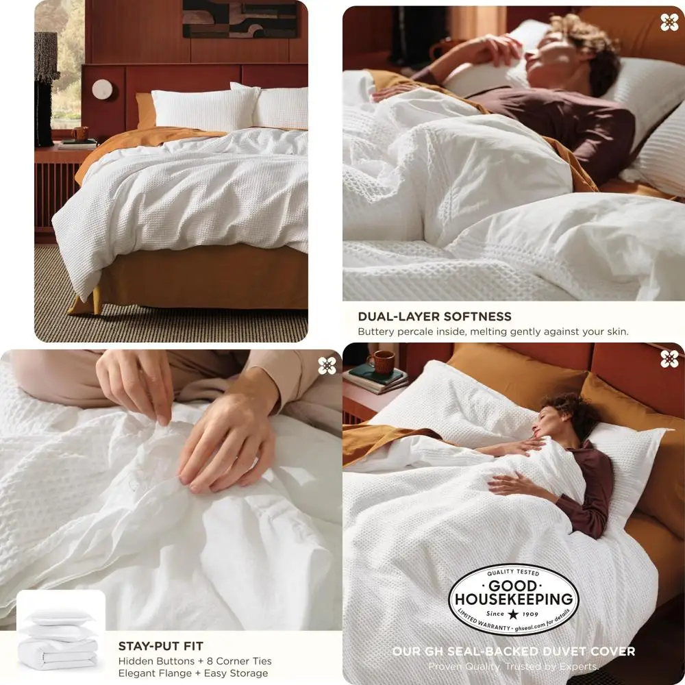 

Cotton Waffle Weave Duvet Cover Queen - 100% Cotton, Soft and Breathable Bedding, Queen Size, White Coconut Design