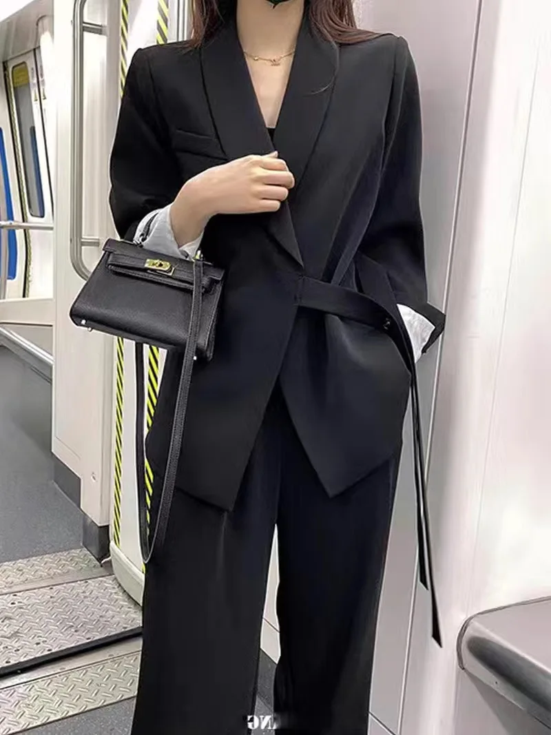 Two-Piece Sets for Women, Turn-down Collar, Long Sleeve, Lace-up Blazer, Coat + Wide Leg Loose Pant Suits, Monochromatic, Autumn