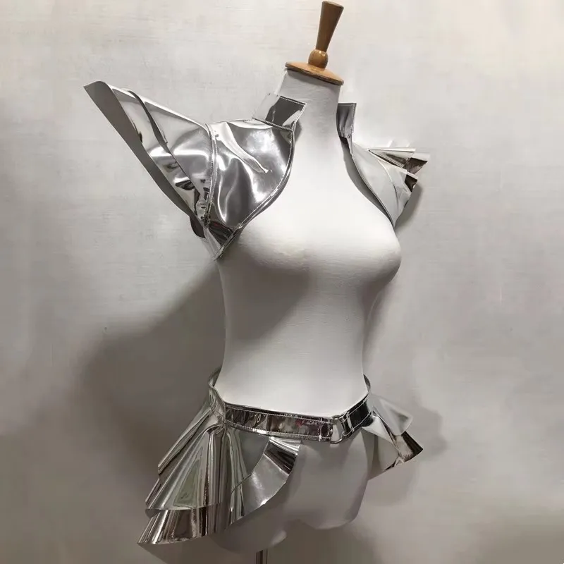 النساء ملابس رقص الجاز الذهب والفضة براءات الاختراع والجلود تحلق منصات الكتف تنورة أداء الملابس ملهى ليلي Gogo المرحلة زي