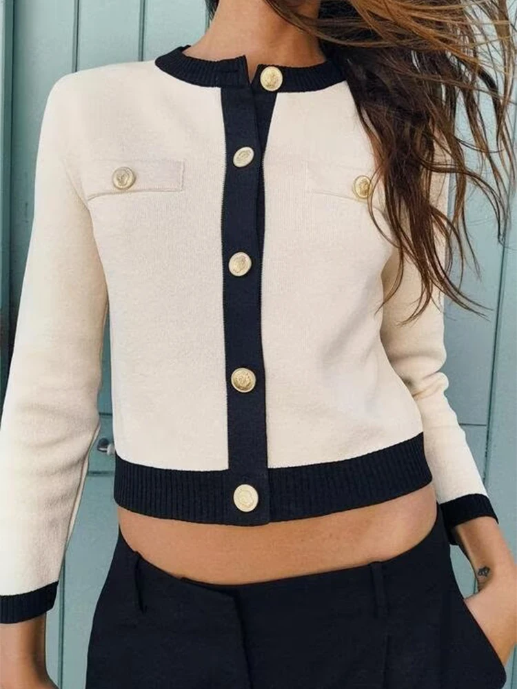 2024 autumn new women\'s clothing Xiaoxiang style contrast color trim sweater cardigan long sleeve round neck knitted jacket