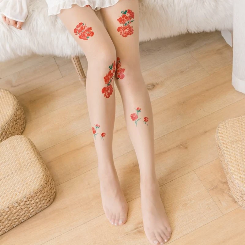 

Women Sheer Thin Silk Pantyhose Aesthetic Vintage Peony Rose Floral Patterned Footed Tights Slimming Stockings Hosiery 066C