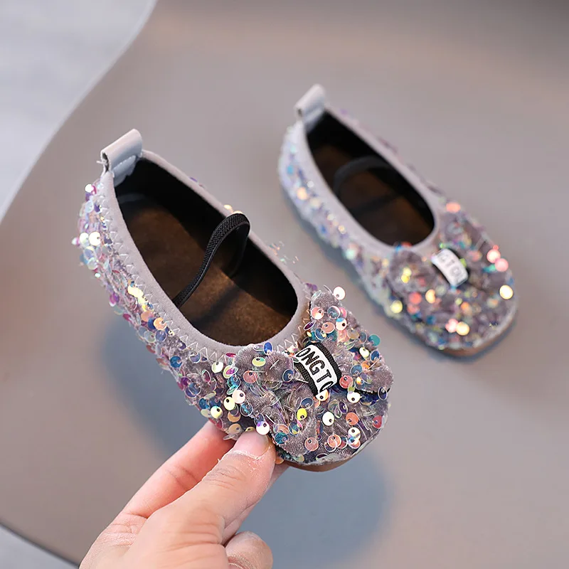 Girls Shoes Kids Glitter Leather Shoes for Wedding Stage Party Sequins Bling Shiny with Bow-knot Princess Soft Children's Flats